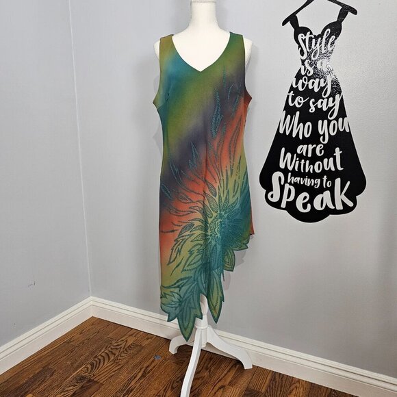 Clara Ombra V Neck Sleeveless Vintage Beaded Burst Floral Asymmetrical Dress - Picture 1 of 7